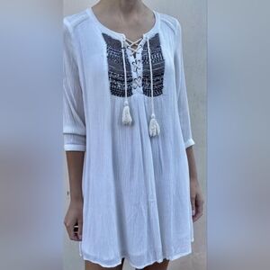 Mango Women's White Tunic Dress/Beach Cover with Embroidered Detail Size 4